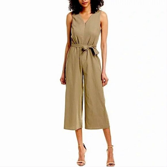 T Tahari Olive Linen Wide Leg V-Neck Belted Jumpsuit - Picture 1 of 11